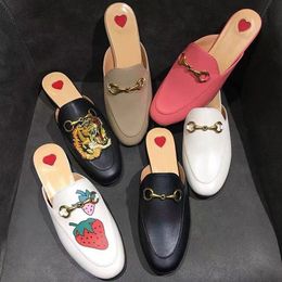Luxury Brand Women Slippers High Quality Half Toe Leather Ladies Sandals Heel Flat Print Mules