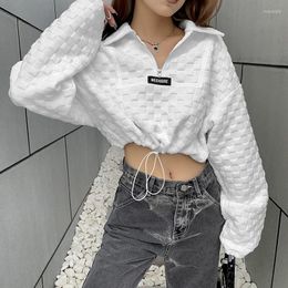 Women's Hoodies 2022 Kpop Patchwork Vintage Checked Long Sleeve Crop Top Sweatshirt Women Turn Down Collar Drawstring Chic Pullovers White