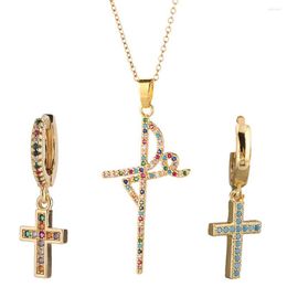 Chains Christian Earring Colorful Religion Cross Christianity Necklaces Earrings Zircon Brass Jewelry For Women 2022