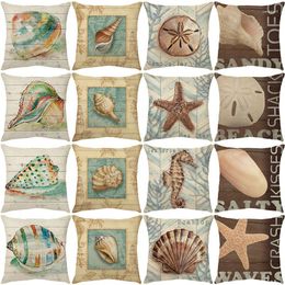 Pillow Shell Conch Starfish Pattern Cover 45X45cm Sea Life Decorative Linen Pillowcase Retro Striped Letter Print