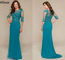 Hunter Blue Mother's Dresses For Wedding Elegant Sheer Neck Lace Appliqued Beaded Evening Party Gowns With 3/4 Long Sleeves Women Formal Occasion Dress CL1065