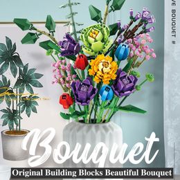 Blocks Technical Ideas Flowers Bouquet Building Moc Romantic Rose Flower Bricks Home Decoration DIY Toys for Girl Birthday Gift L220902