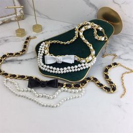 -Celra Fashion Belt Luxury Classic Leather Brand Chain For Women Flower Diamonds Beading Pearl Sashes Black Sheepskin248V