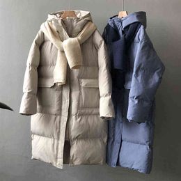 Women's Down Parkas Women Thicken Hooded cotton-padded Coat 2021 Winter Zipper Loose Pocket Warm Long Wadded Jacket With Scarf Women Two Pieces Set T220902