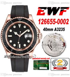 EWF YM 40mm 126655 A3235 Automatic Mens Watch Rose Gold Ceramics Bezel Black Dial 904L Steel Oysterflex Rubber Strap Super Edition Free Same Series Card Puretime A1