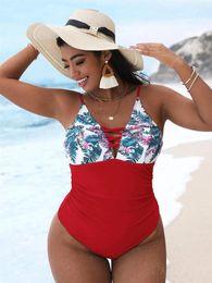 Women's Swimwear Sexy Lace Up One Piece Swimsuit Women Solid Red Monokini Push Bathing Suit Pad Jersey Open Back Backless Plus Size