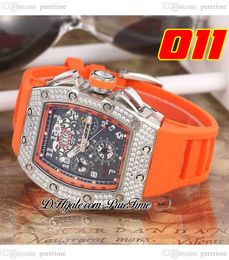 011 A21J Automatic Mens Watch Steel Case Diamonds Bezel Black Skeleton Dial Big Date Orange Rubber Strap 7 Styles Watches Puretime D4