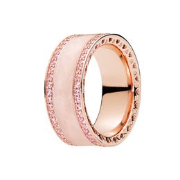 Rose Gold Pink Enamel Heart Band RING Women Men 925 Sterling Silver Wedding Jewellery For pandora CZ diamond Engagement gift Rings with Original Box