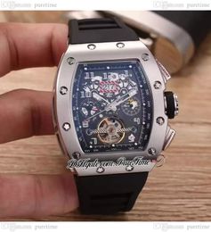 011 A21J Tourbillon Automatic Mens Watch Steel Case Black Skeleton Dial Big Date Rubber Strap 3 Styles Watches Puretime B2