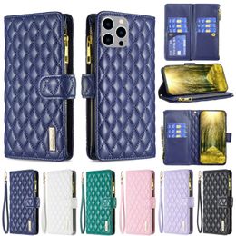 Zipper Wallet Lambskin Lattice PU Leather Cases 9 Card Slot Stand For iPhone 14 13 12 11 Pro Max XR XS 8 Samsung S20 FE S21 Plus S22 Ultra A13 A23 A33 A53 A73 A12 A22 A03S