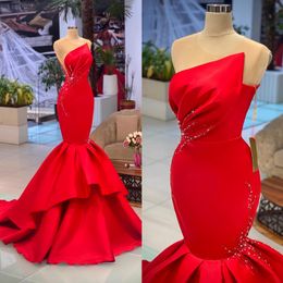 Red Mermaid Prom Dresses Sheer Jewel Neck Beaded Evening Gowns Sweep Train Satin Special Occasion Formal Wear