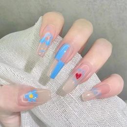 False Nails Coffin 24Pcs Long Ballet Small Blue Flower Press On For Women And Girls Full Cover Nail Patch Stick-on