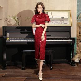 Ethnic Clothing Autumn Winter Chinese Style Lady Cheongsam Long Tight Elegant Lace Tassel Pearl Qipao Vintage Red Everyday Party Dress S-3xl