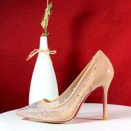 Vestido de noiva feminino sapatos salto alto Follies Strass pontiagudo strass pop bombas sandálias de malha com caixa