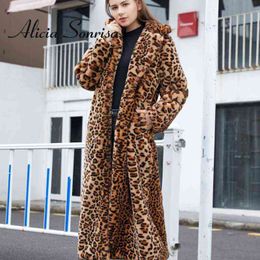 Women's Down Parkas 2021 Winter Women's Faux Fur Leopard Print Rabbit Tailored Collar Warm Thick X-Long Coat Long Sleeve Hipster Jacket Feminino T220902