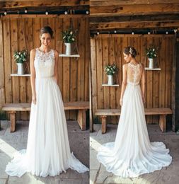 Boho Beach Wedding Dresses Bridal Gown Sleeveless Plus Size Lace Applique Chiffon Illusion Back Sweep Train Ribbon Vestido De Novia 403 403