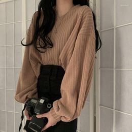 Women's Sweaters Women's Spring Fall Sweater Women Pullover Short Knit Jumper Long Lantern Sleeve V Neck Korean Ladies Female Casual