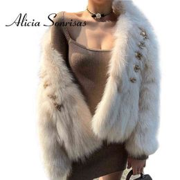 Women's Down Parkas 2021 Winter Faux Fur Coat Women Fashion Button Double Breasted White Fluffy Jacket Long Sleeves Stand Collar Female Jacket T220902