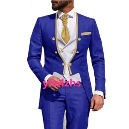 Custom-made Groom Tuxedos Double-Breasted Men Suits Mandarin Lapel Groomsmen Wedding/Prom/Dinner Man Blazer Jacket Pants Tie Vest M112
