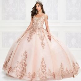 Rose Gold Quinceanera Kleider mit Perlenkugelkleider -Promkleider Korsett Rücken Vestido de Festa Süße 16 Kleid Plus Größe