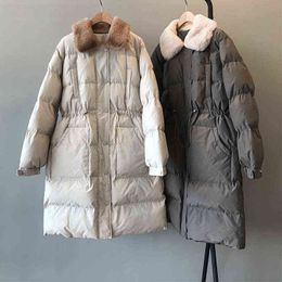 Women's Down Parkas 2022 Winter Women Long Down Cotton Coats Rabbit Fur Collar Drawstring Waist Warm Parkas Straight Pocket Cotton-padded Clothes T220902