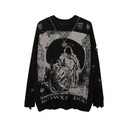Men&#039;s Sweaters Send Necklace Ripped Oversize Frayed Knitted Long Sleeve Top Harajuku Streetwear Pullovers Gothic Men Y2k Women Sweater 220902