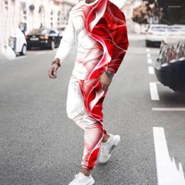 Men's Tracksuits 3D Print Red Pattern Long Sleeve Suit Men's 2 Piece Set T-shirt Streetwear Casual Two Male