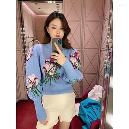 Women's Sweaters Women's Wool Bend Fashion Sweater Women O-Neck Lantern Sleeve Floral Jacquard Vintage 2022 Fall Winter Pullover