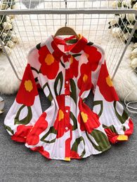 Women's Blouses 2022 Spring Hong Kong Style Tie-dye Chic Ladies Printed Shirts Chiffon Tops Design Niche Lapel Blouse D992