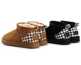 Australian low snow boots with bow AUS plaid ankle boots shoes size 13 women men Twinface Sheepskin leather mini half booties designer keep warm winter slipper 3281