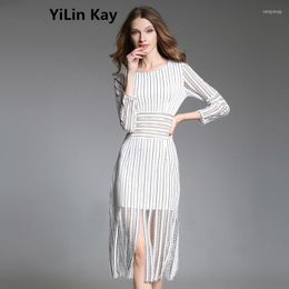 Casual Dresses YiLin Kay 2022 High-waisted Lace Long-sleeved Dress.Fashion Hollow Out Tassel Dress