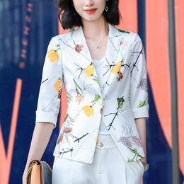 Women's Suits Elegant Ladies Casual Floral Yellow Purple Womens Blazers Latest Design Women Jackets Three Quarter Sleeve Suit 728J