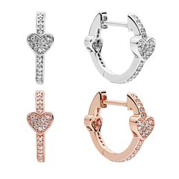 Authentic Sterling Silver Love heart Hoop Earrings Women Girls Wedding Jewellery with Original Box For pandora Rose Gold CZ diamond Stud Earring