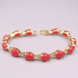 Elegant Pear Red Jade Bracelet Bead With Yellow Gold Plated Link 7.25"
