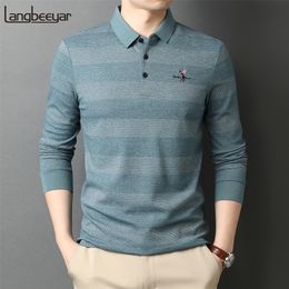 Men's Polos High End Fashion Brand Striped Designer Embroidery Casual Turn Down Collar Long Sleeve Polo Shirts Tops Clothes 220902
