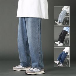 Men's Jeans Street Casual Baggy Korean Fashion Hip Hop Straight Wide Leg Trousers Couple denim Pants Black Light Blue 220902