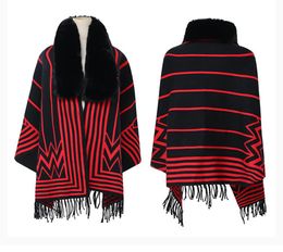 Women's Faux Fur Shawl Wrap Fall Winter Cape Cardigan Knitted Fringe Poncho Striped Red Black Plush Size