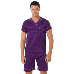 Men's Sleepwear Men Satin Pajama Set Loungewear Casual Home Clothes Nightwear V Neck Short Sleeve Tee Top With Sleep Bottoms Shorts