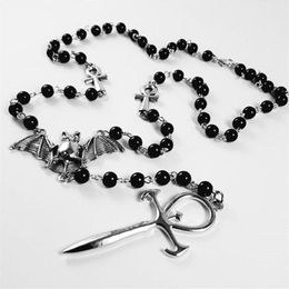 gothic rosary beads NZ - Pendant Necklaces Gothic Vampire Ankh Rosary Occult Vamp Beads Bat Necklace Gift For Women Friends Handmade Jewelry WholePendant1842