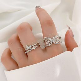 Fashion Butterfly Ring Shiny Cubic Zirconia Leaves Geometric Adjustable Finger Ring Girls Minimalist Dainty Jewlery Gifts