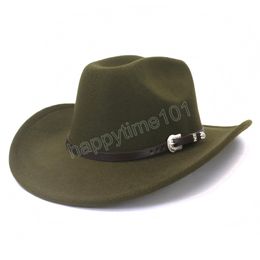 Vintage Men Western Cowboy Hat With Belt Winter Autumn Roll Up Brim Cowgirl Jazz Church Cap Sombrero Hombre