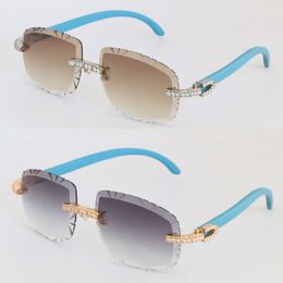 Designer brand Big Diamond Set Blue Wooden Sunglasses Men Original Wood Rimless glasses Womans 8200758 Luxury Diamond Cut Lens Eyeglasses Male and Female Eyewear