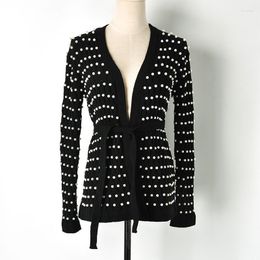 Women's Sweaters Fashion Women Full Beading Black Cardigan Outfit Long Sleeve Open Stitch Sweater With Sash Wild Outfits Coat