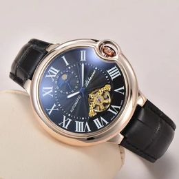 Watch Tourbillon Mens Automatic machinery Month Movement Luxury Sport design hollow out process 42mm round dial coffee cattle belt Folding