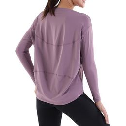 Lu Yoga Outfits Quick Dry Breathable Pullover Long Sleeve T-Shirt Tops Fitness Gym Workout Clothes 5 Colours Wide Collar Curved Hem Loose Sports Joggers for Women lemon