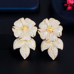 Dangle Earrings CWWZircons Shiny CZ Flower Drop Luxury Long Big For Women African Dubai Gold Color Bridal Wedding Costume Jewelry CZ907