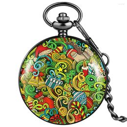 Pocket Watches Men Women Retro Watch Black Case Thick Chain Free Custom Colour Graffiti Pattern Unisex For Boyfriend Girlfriend