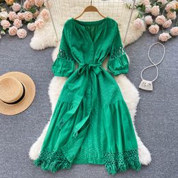 New Lace Green Casual Dresses Summer Solid Slim Short Lady Dress A Line V Neck Chiffon Button Single Breasted Mid-Calf Women Dresses 2023