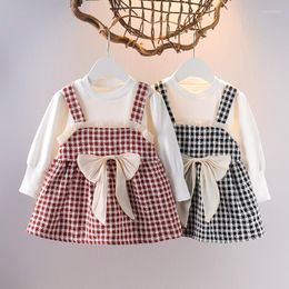 Girl Dresses Fashion Children Kids Baby Girls Autumn Party Dress Long Sleeve Solid Plaid Stitching A-line Clothes