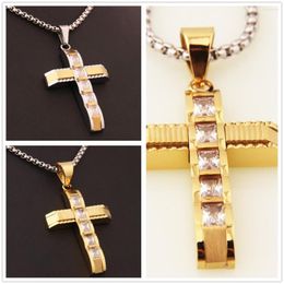 Pendant Necklaces Trendy Top Sale Stainless Steel Jesus Cross With Bling CZ Men's Women's Jewelry Necklace Free Box Link Chain